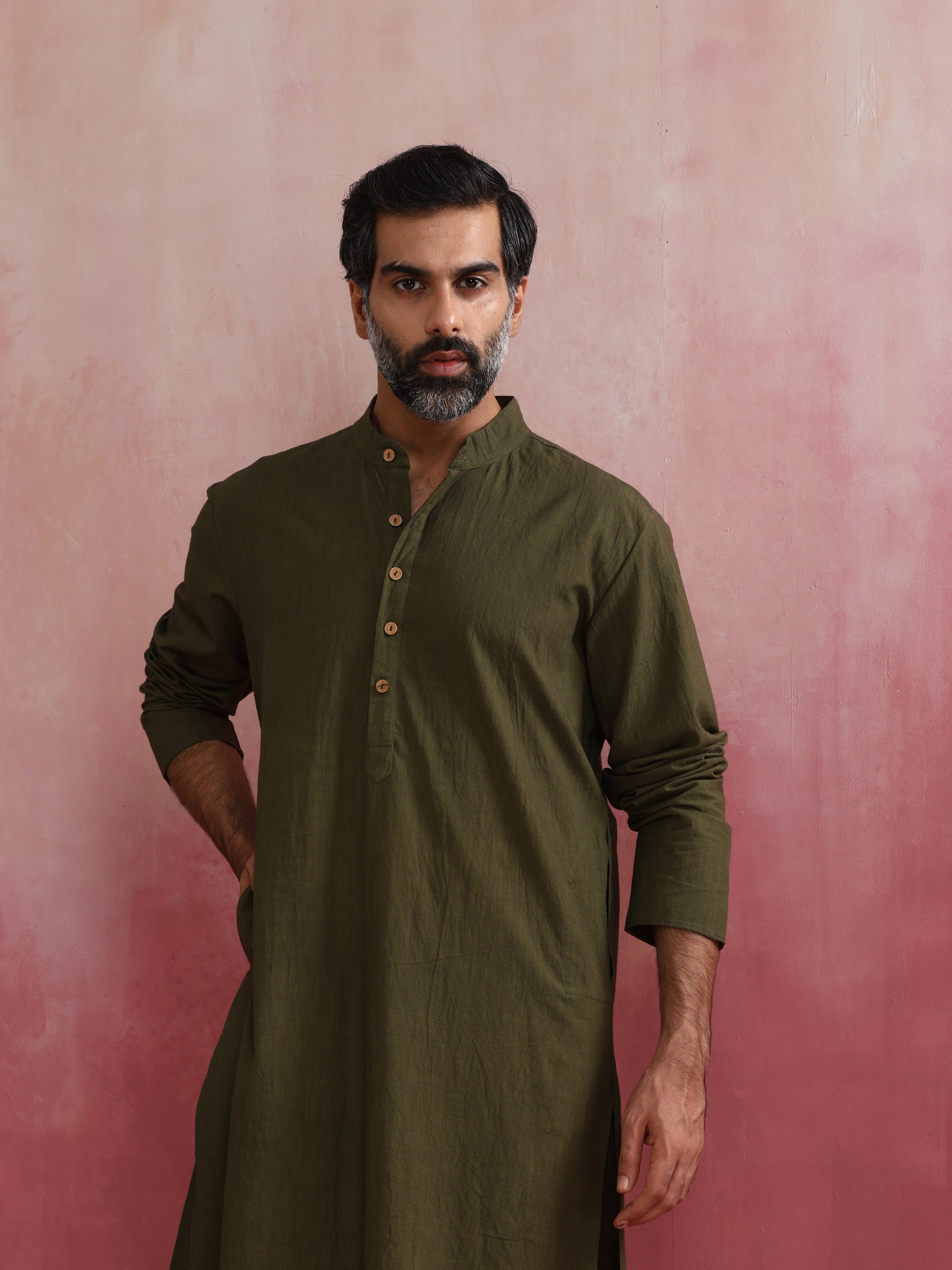trueBrowns Men's Olive green Mandarin Collar Kurta