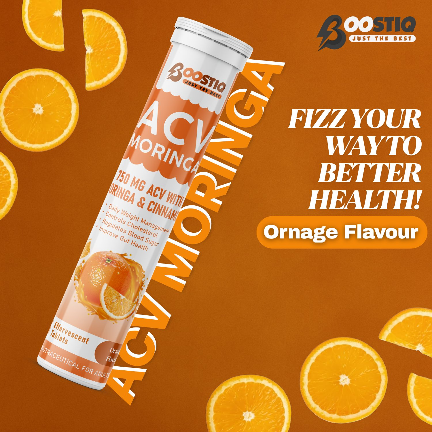 BOOSTIQ ACV Moringa & Cinnamon Effervescent Tablets - Orange Flavour