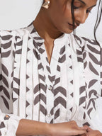 trueBrowns White Cotton Stripe Print Pleated Kurta Set - Distacart