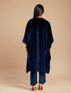 trueBrowns Navy Blue Velvet Embroidered Kaftan Kurta Set - Distacart