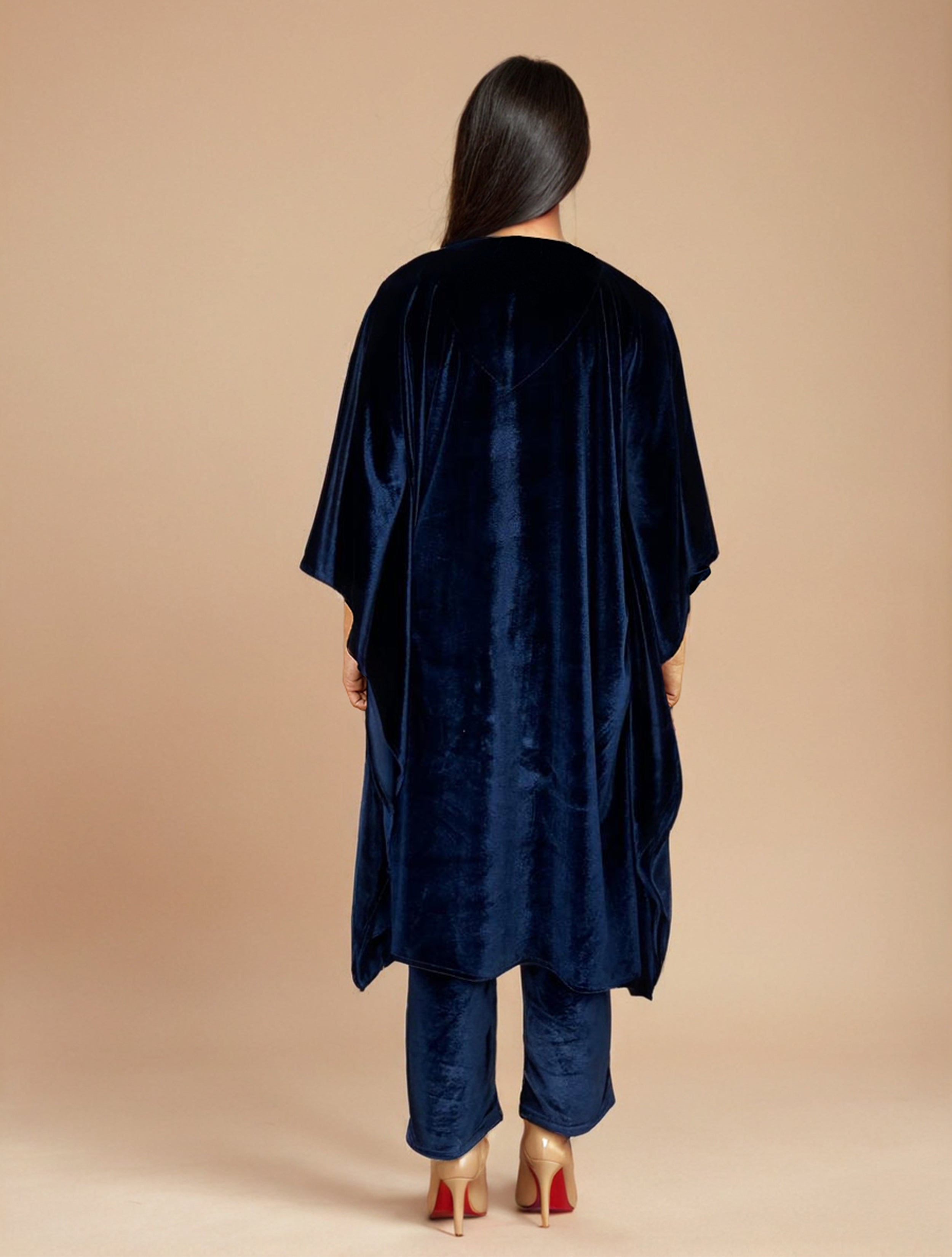 trueBrowns Navy Blue Velvet Embroidered Kaftan Kurta Set - Distacart