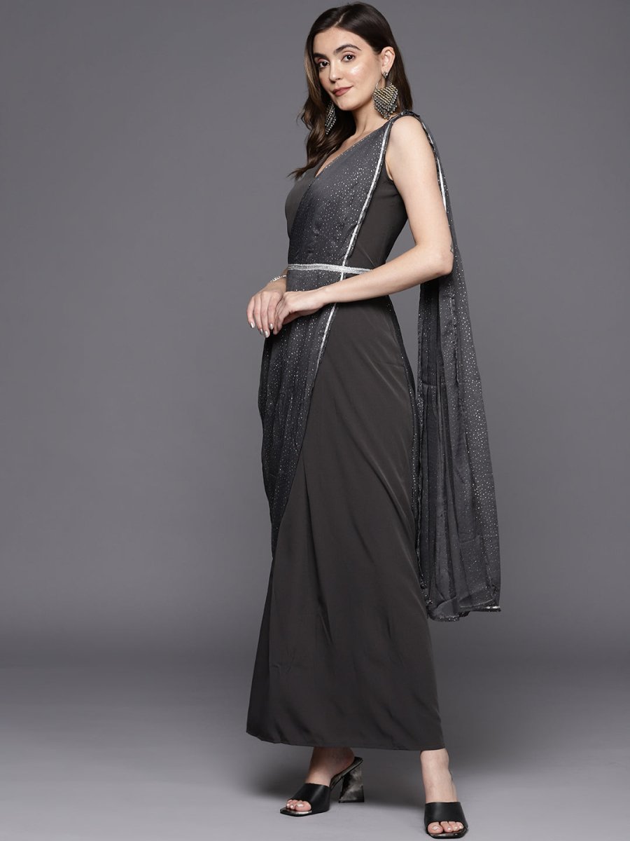 Ahalyaa Abstract Print Layered Crepe Ethnic Dress - Distacart