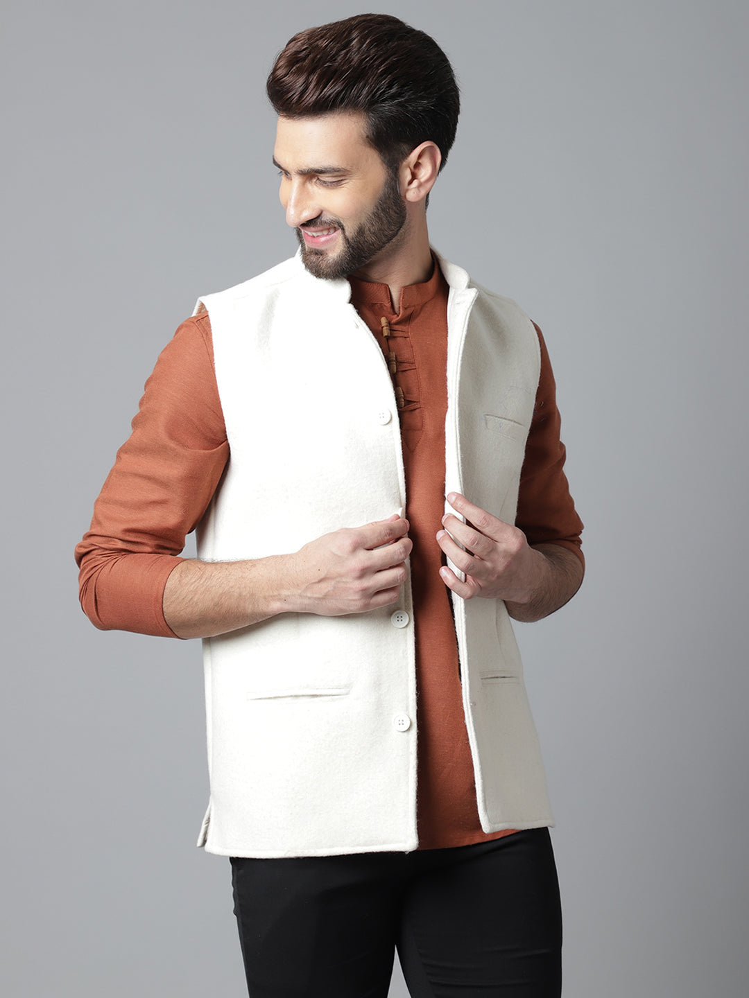 Even Apparels Men's White Pure Wool Nehru Jacket