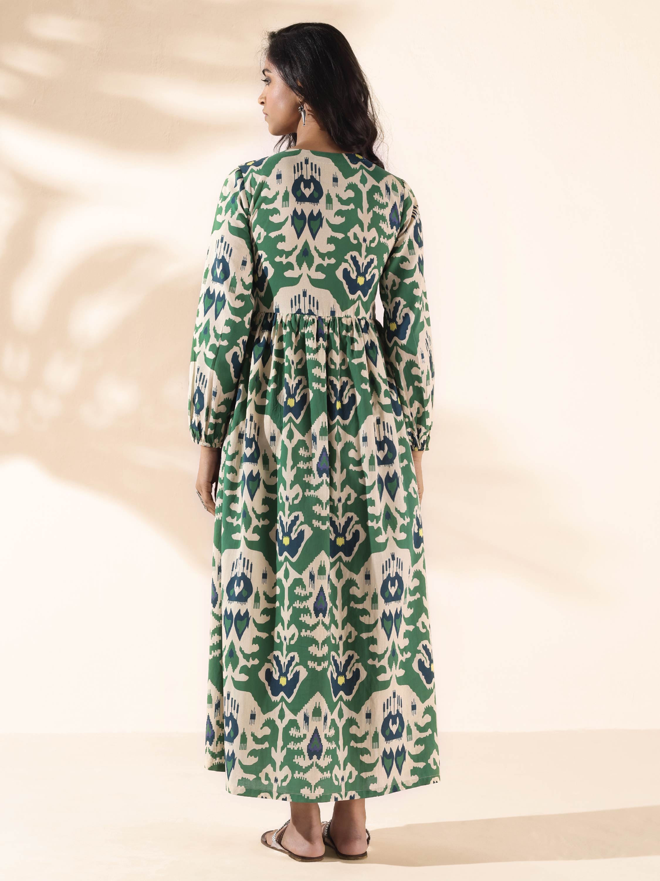 trueBrowns Green Cotton Ikat Flared Dress - Distacart