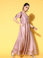 Ahalyaa Chanderi Cold-Shoulders Printed Maxi Ethnic Dress - Distacart