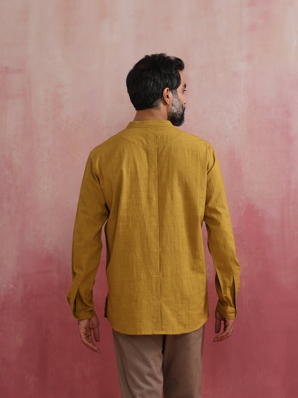 trueBrowns Men's Mustard Cotton Mandarin Collar Stylized Kurta