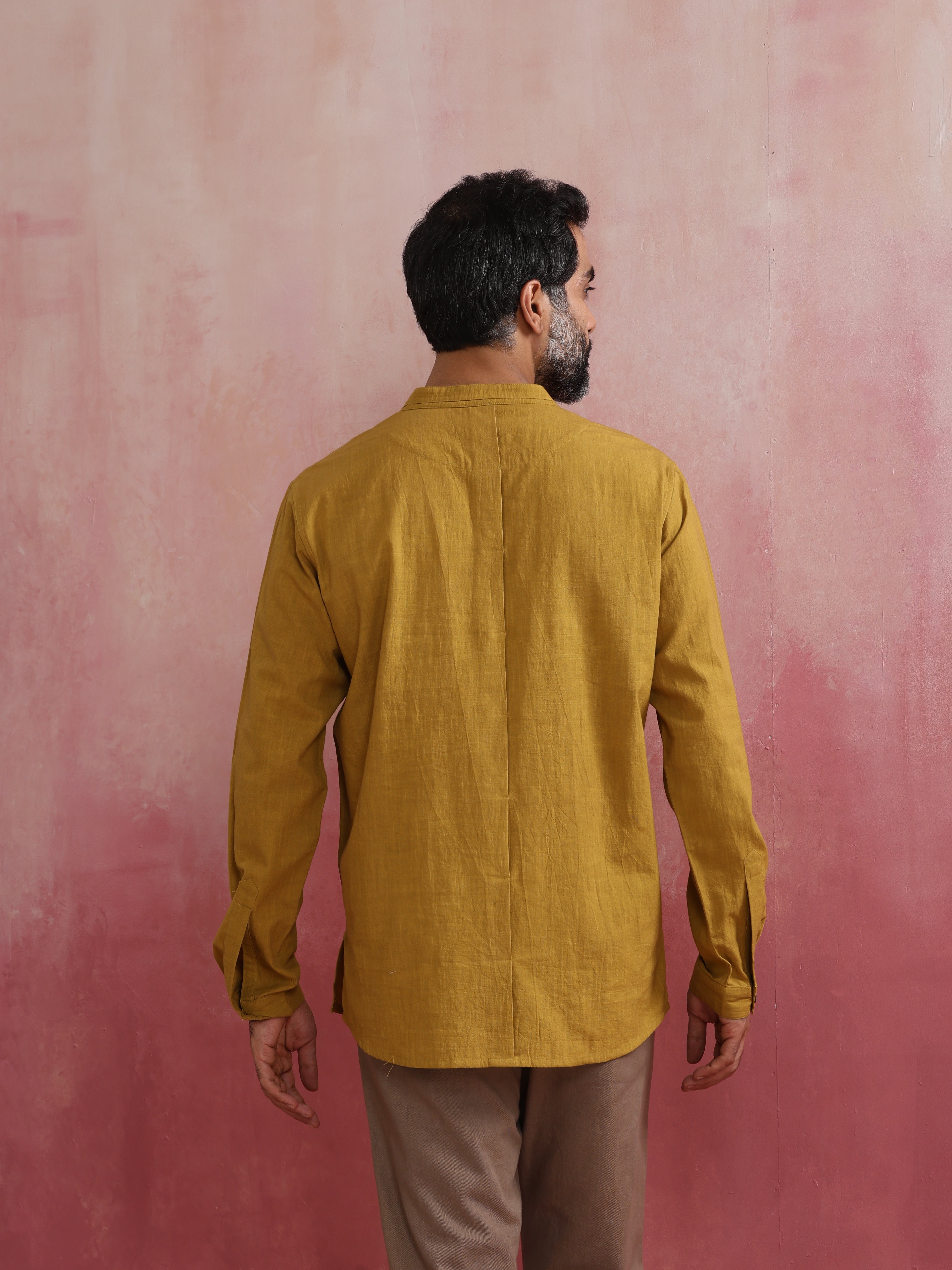 trueBrowns Men's Mustard Cotton Mandarin Collar Stylized Kurta