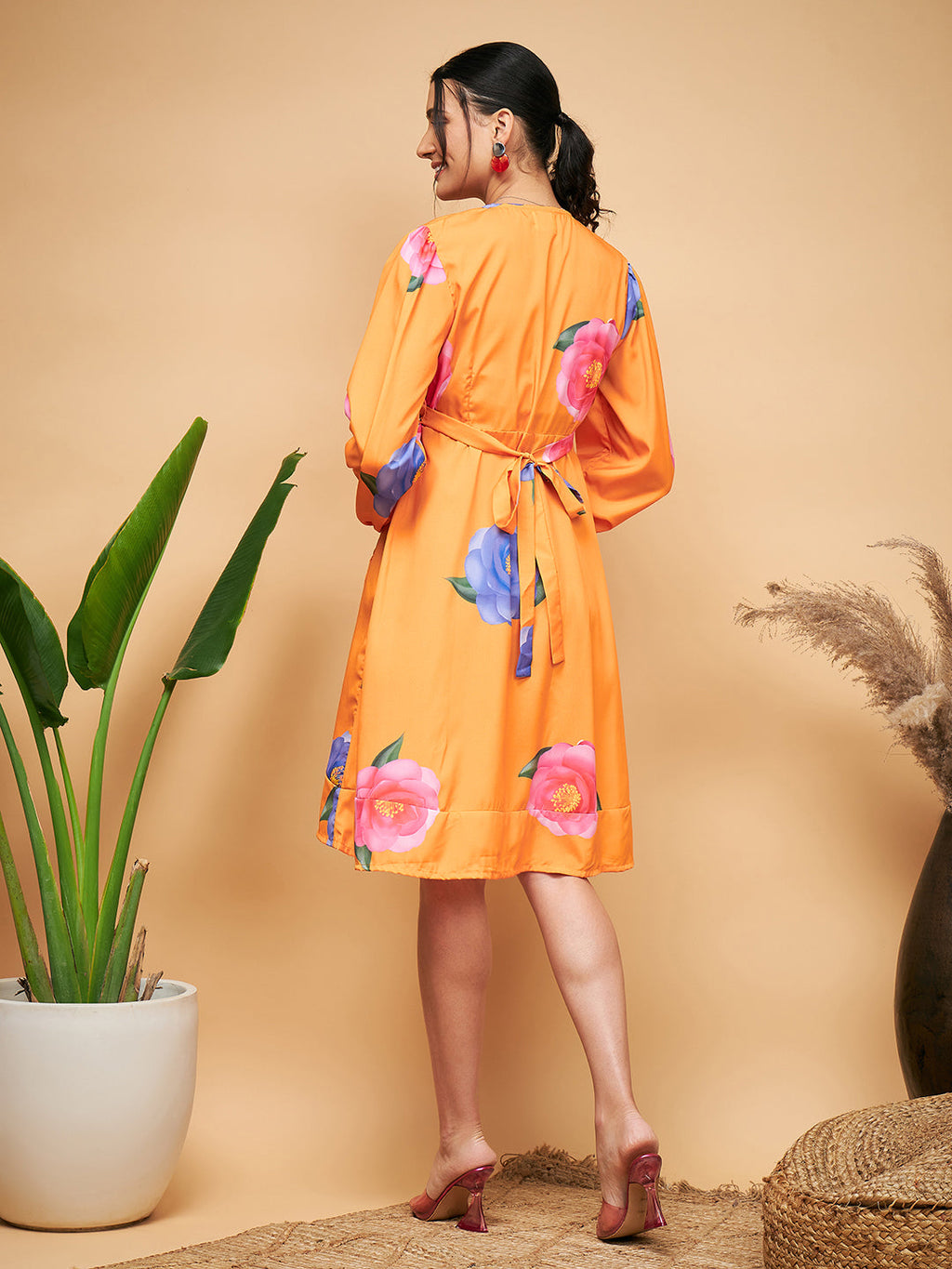 InWeave Women's Haldi Yellow Pink Mauve Flower Belted Dress - Distacart