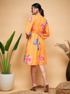 InWeave Women's Haldi Yellow Pink Mauve Flower Belted Dress - Distacart