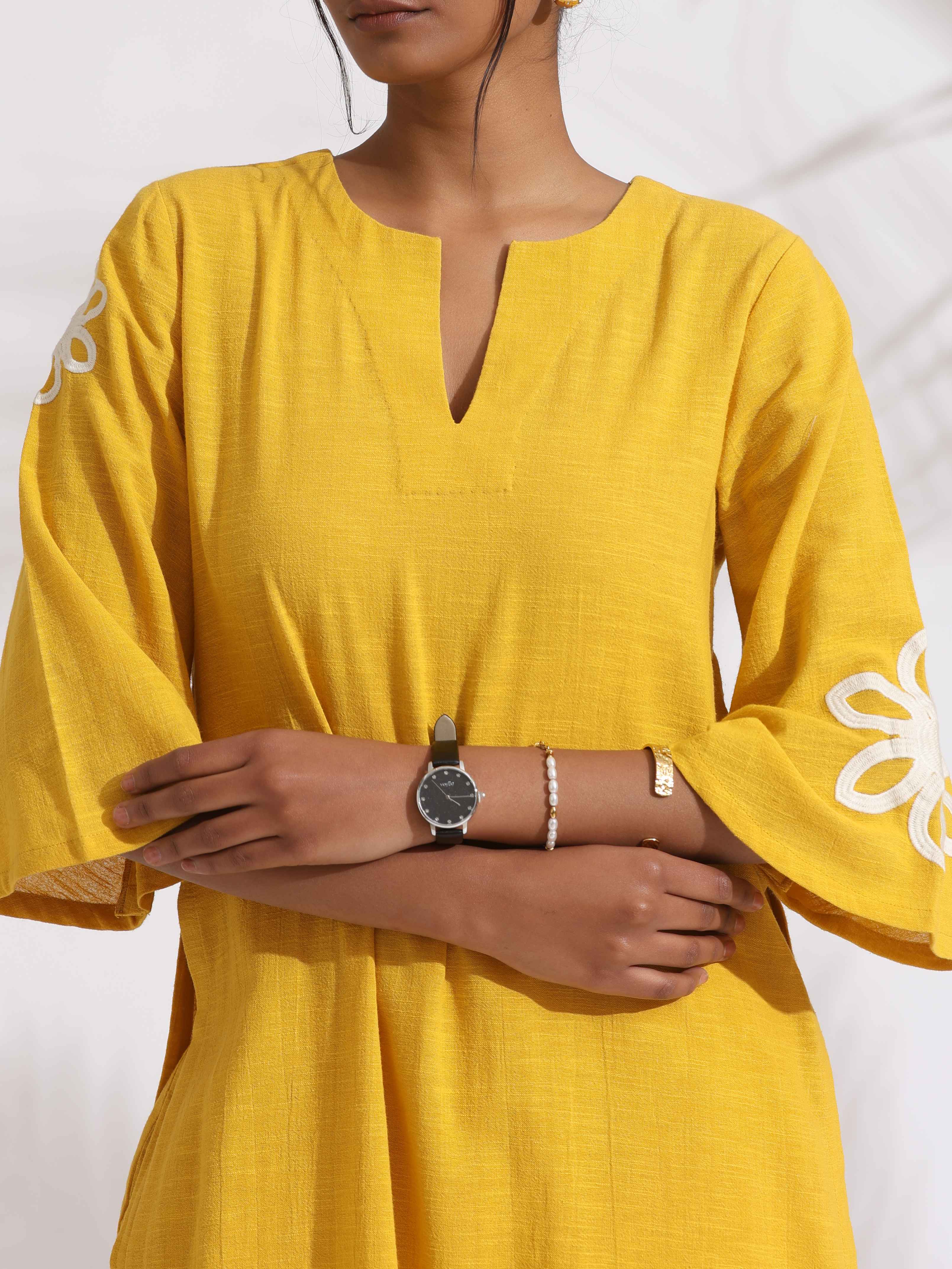 trueBrowns Yellow Cotton Slub Embroidered Straight Kurta Set - Distacart