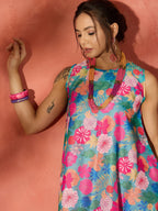InWeave Blue Floral Fuchsia Asymmetrical Dress - Distacart