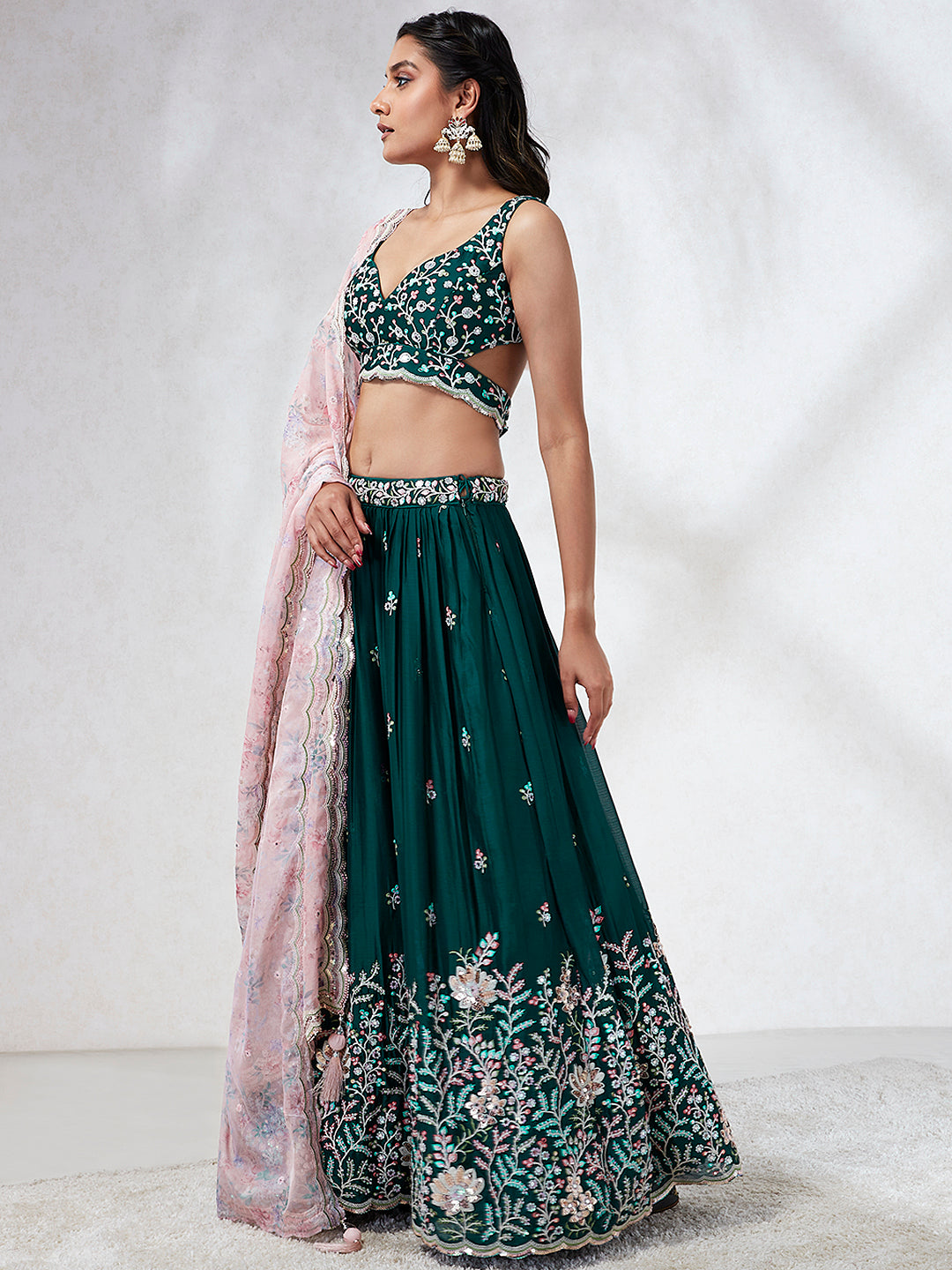 House of Panchhi Teal - Georgette Sequins, Mirror And Thread Embroidery Lehenga Choli