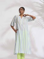 trueBrowns White Cotton Multi Stripe Flared Kurta Set - Distacart
