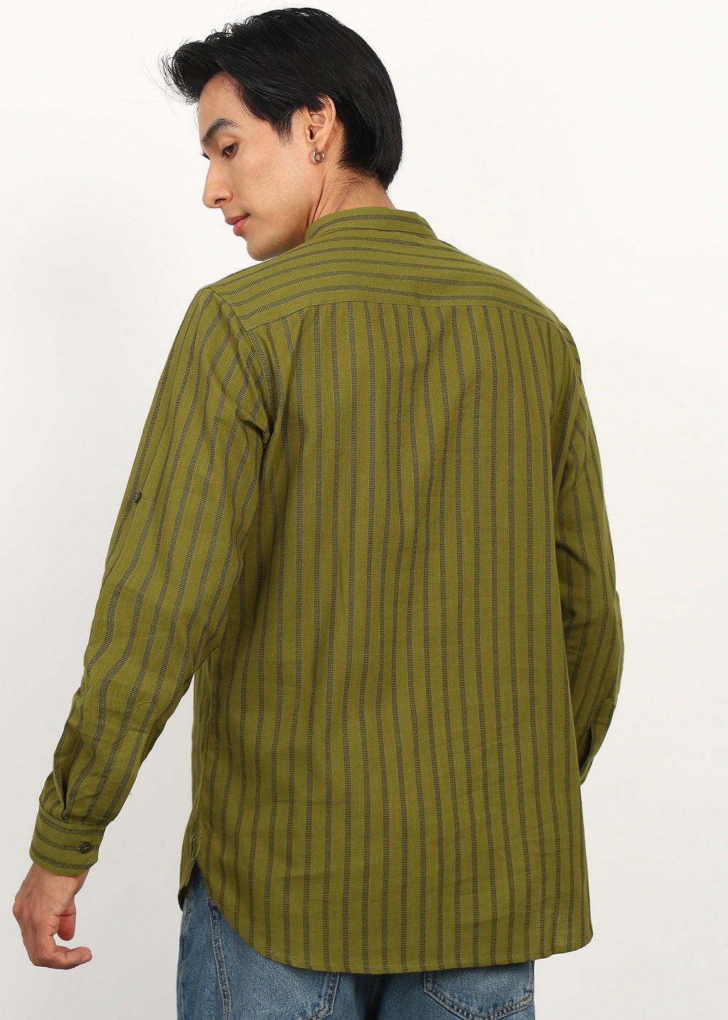 Fabmade Olive Stripe Linen Kurta