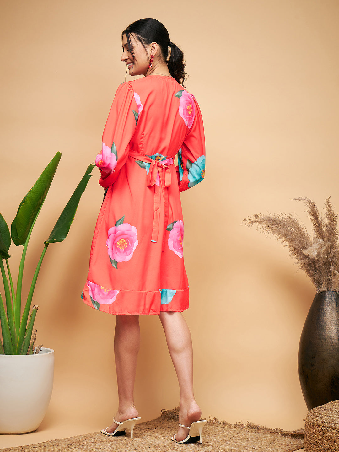 InWeave Women's Dark Orange Pink Blue Flower Belted Dress - Distacart