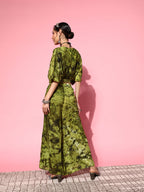 InWeave Women's Olive Tie And Dye New Neckline Top Culottes Set