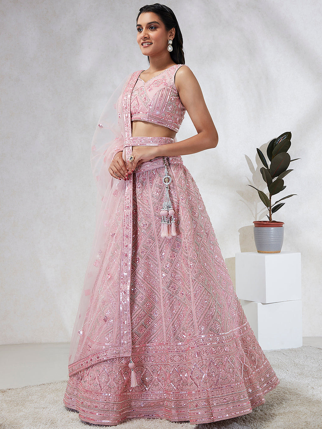 House of Panchhi Pink Net Cutdana, Sequins And Zarkan Embroidery Lehenga Choli & Dupatta