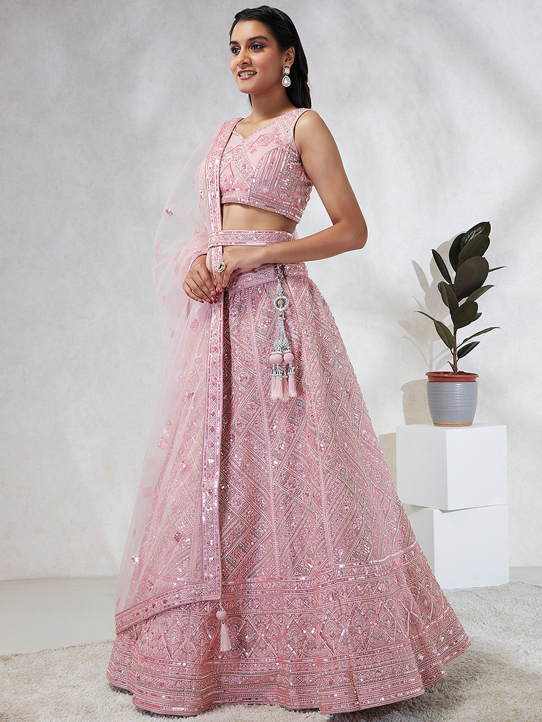 House of Panchhi Pink Net Cutdana, Sequins And Zarkan Embroidery Lehenga Choli & Dupatta