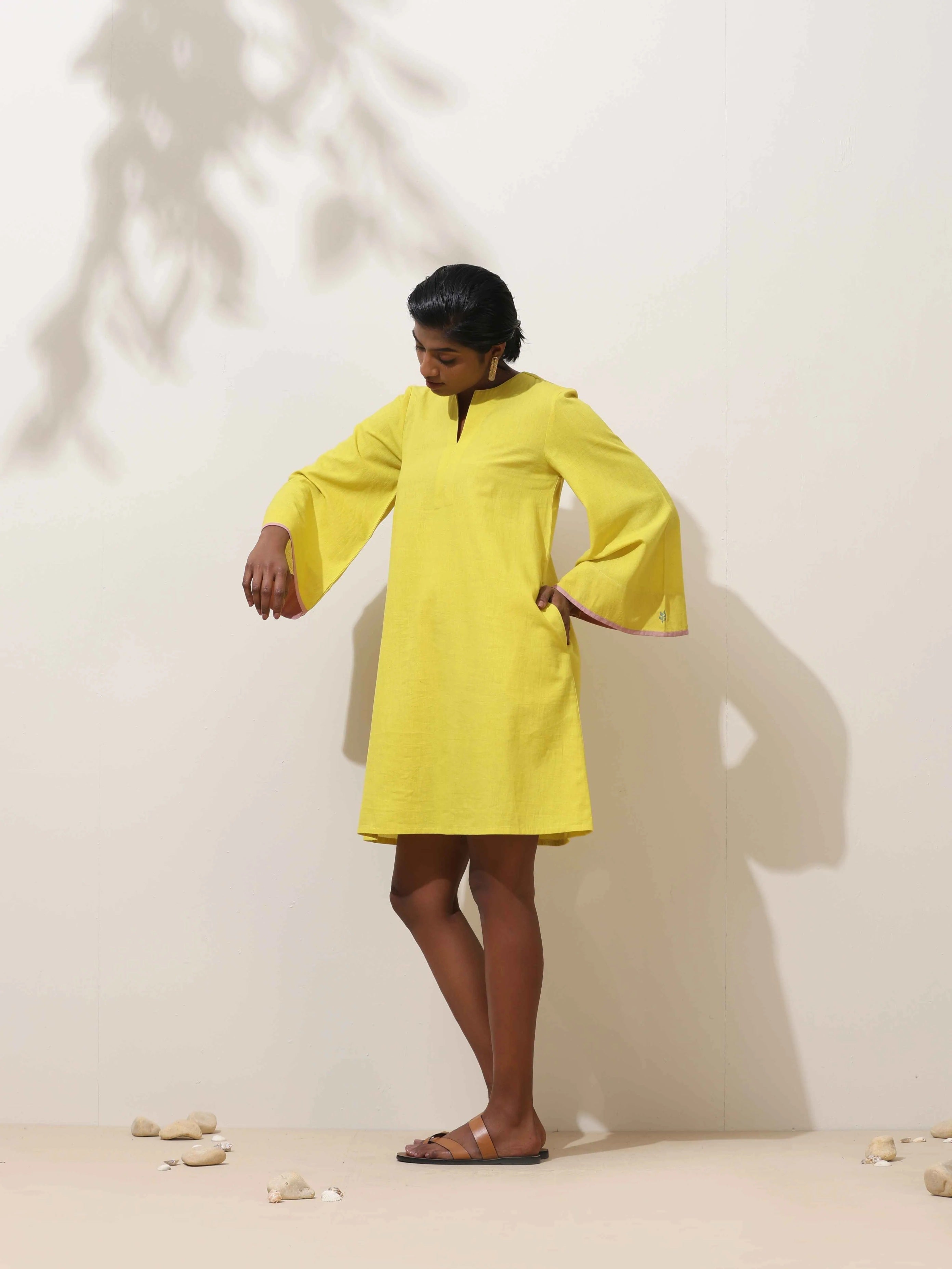 trueBrowns Lime Cotton Linen Dress - Distacart