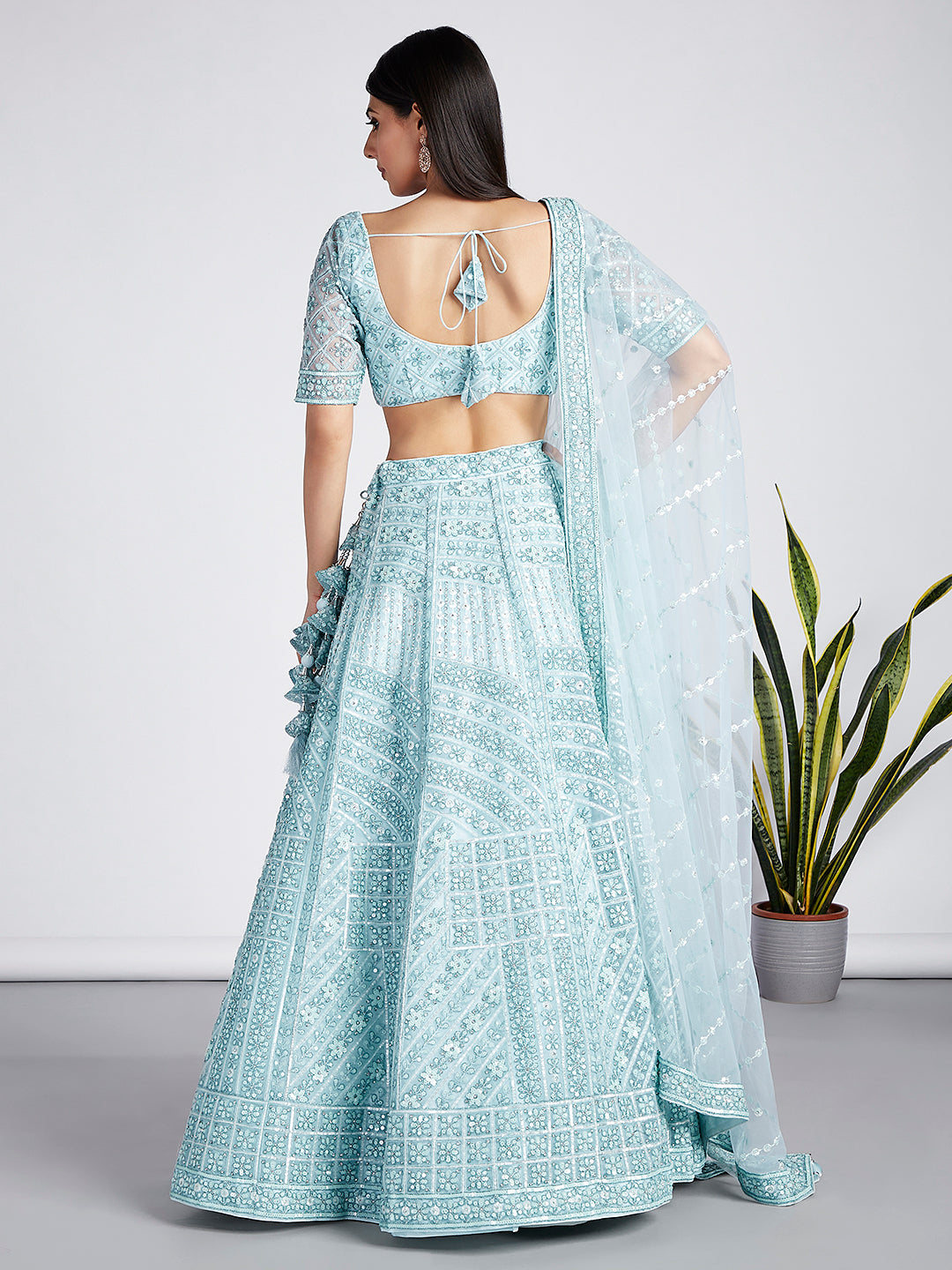 House of Panchhi Turquoise Blue Net Sequins, Zarkan And Thread Embroidery Lehenga Choli & Dupatta