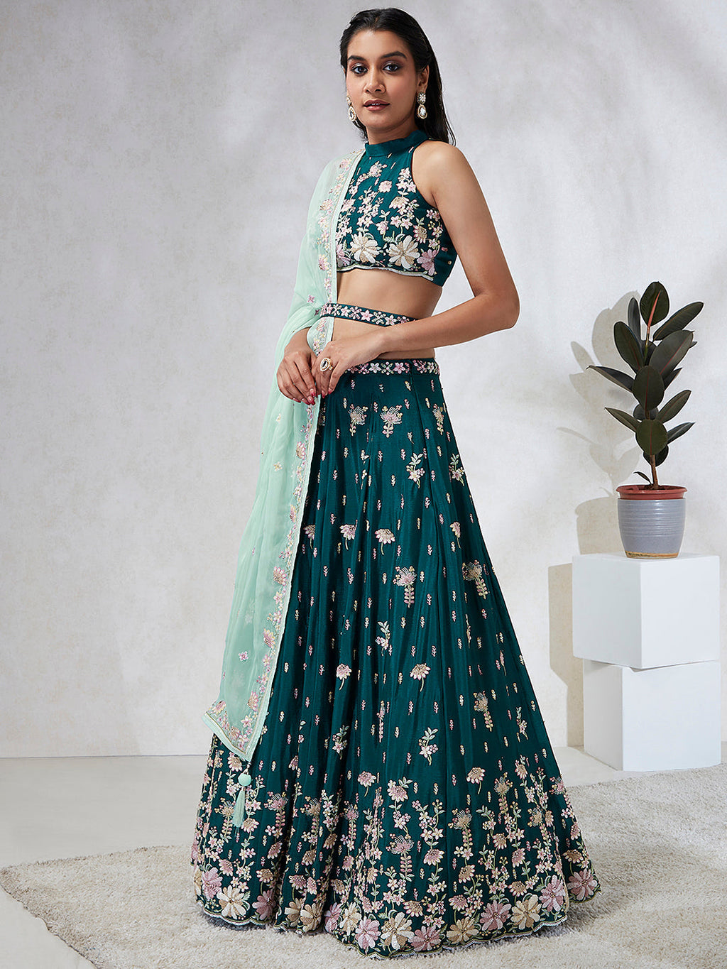 House of Panchhi Green Pure Georgette Sequins And Thread Embroidery Lehenga Choli & Dupatta