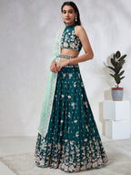 House of Panchhi Green Pure Georgette Sequins And Thread Embroidery Lehenga Choli & Dupatta