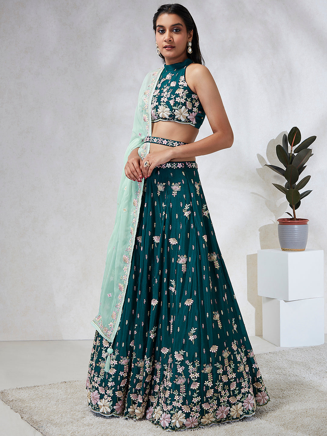 House of Panchhi Green Pure Georgette Sequins And Thread Embroidery Lehenga Choli & Dupatta