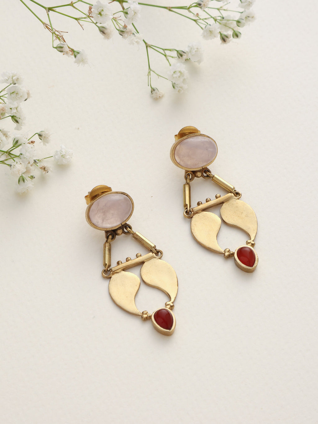 trueBrowns Brass Pink Stone Paisley Earrings - Distacart