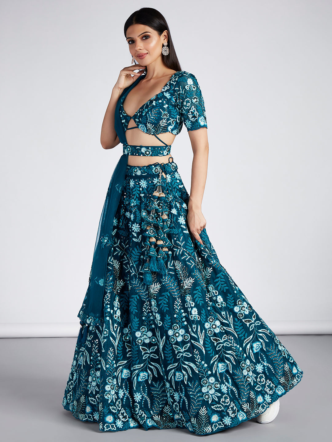 House of Panchhi Teal Net Sequins, Mirror And Thread Embroidery Lehenga Choli & Dupatta