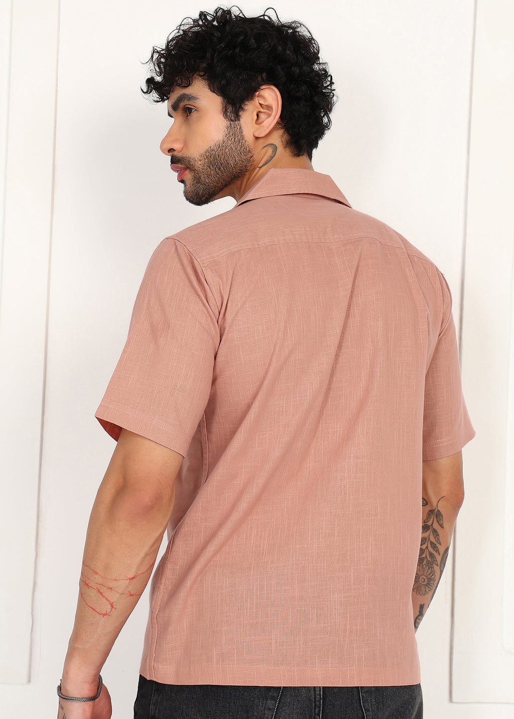 Fabmade Men’S Peach Linen Short-Sleeve Shirt