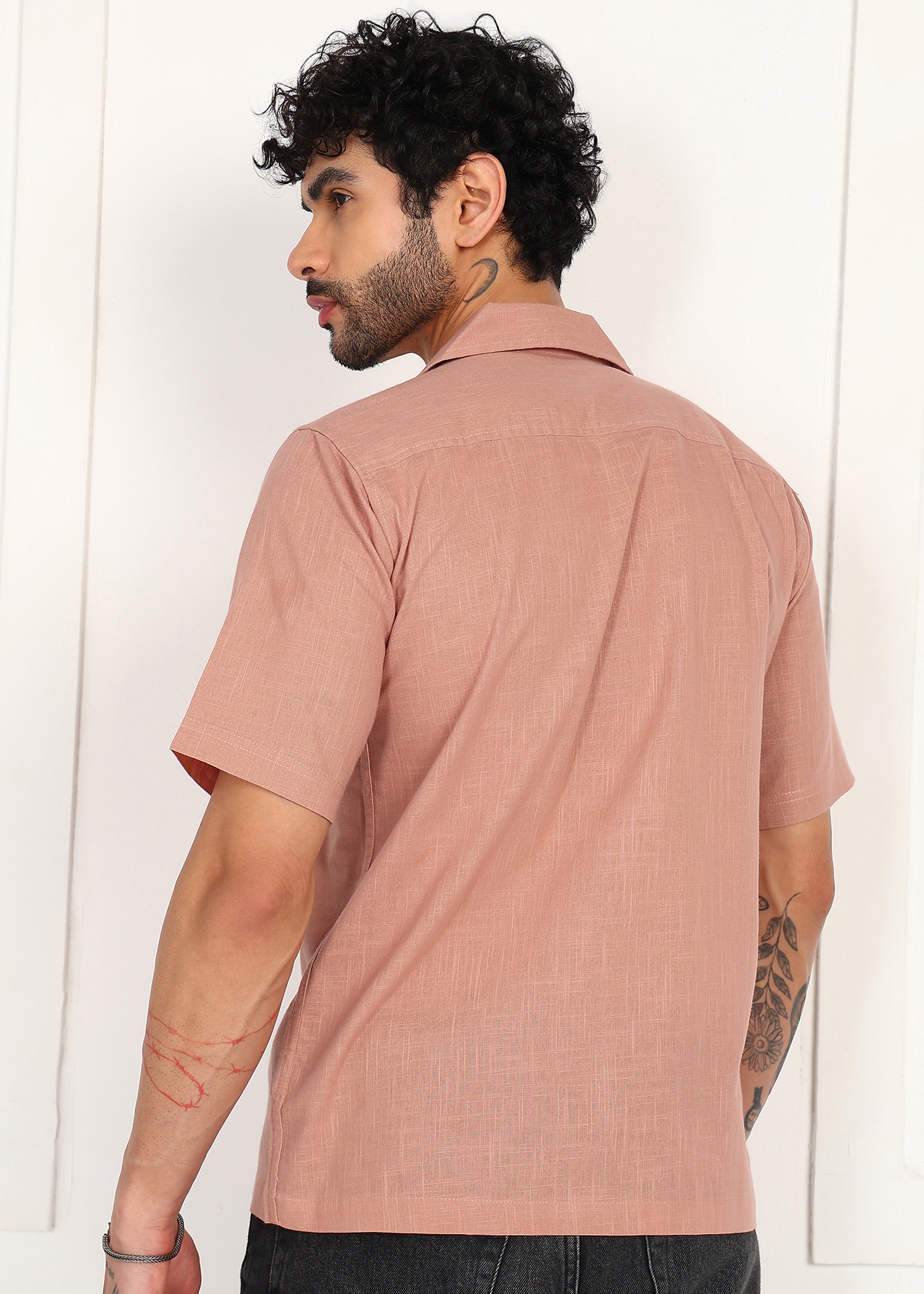 Fabmade Men’S Peach Linen Short-Sleeve Shirt
