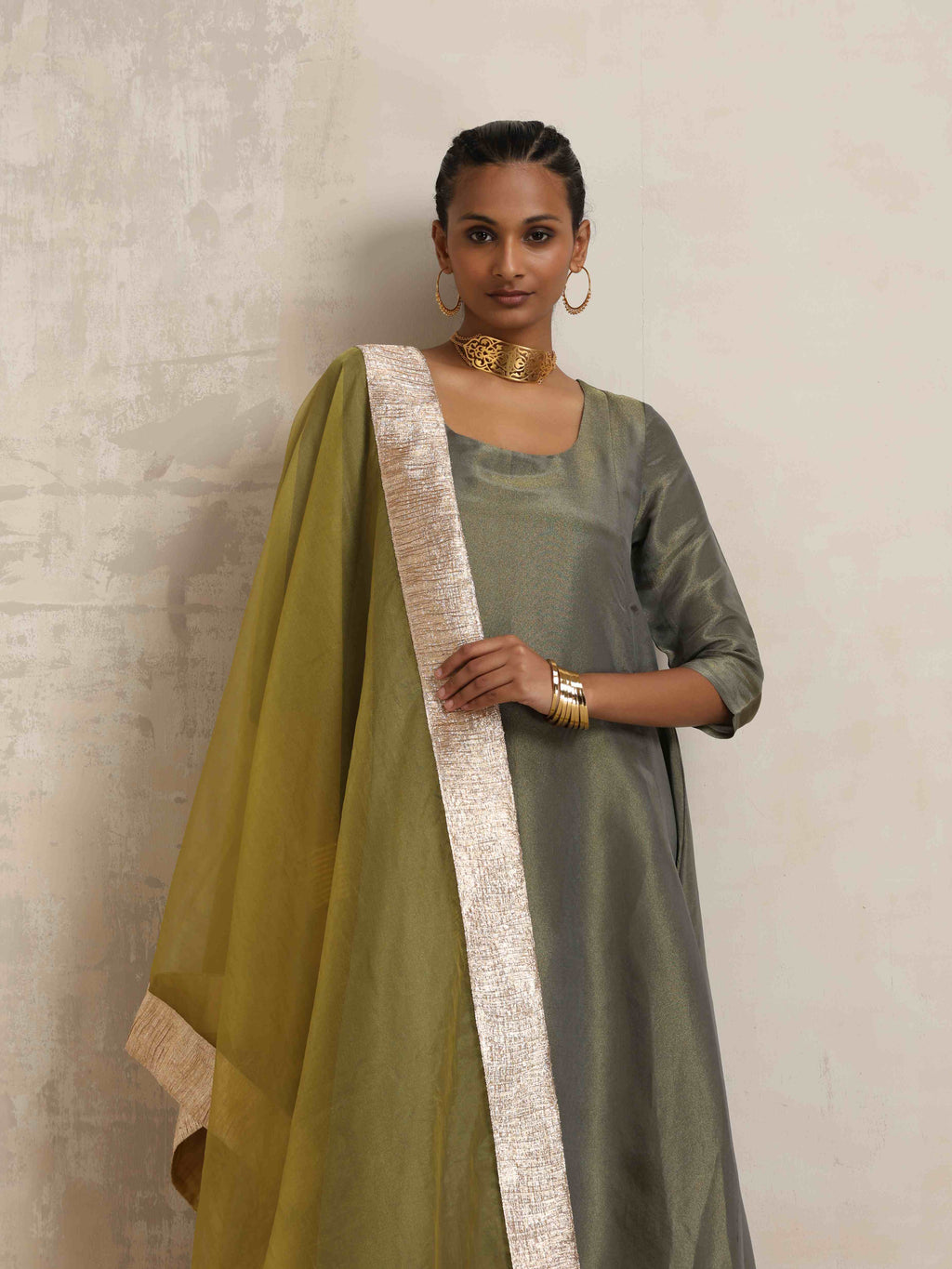 trueBrowns Green Tissue Anarkali Kurta Dupatta Set - Distacart