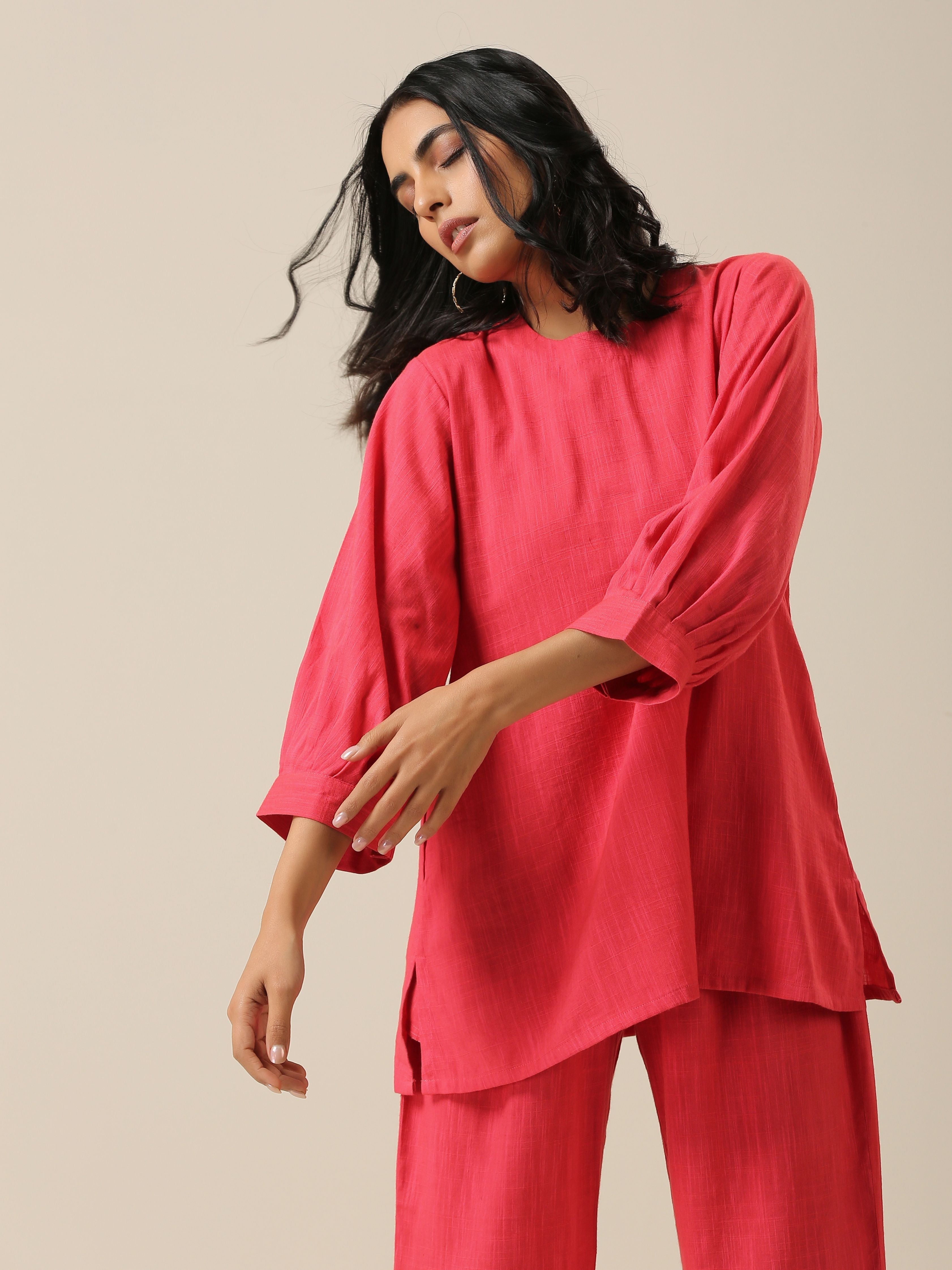 trueBrowns Bright Pink Slub Texture Baggy Sleeve Co-Ord Set | Relove - Distacart