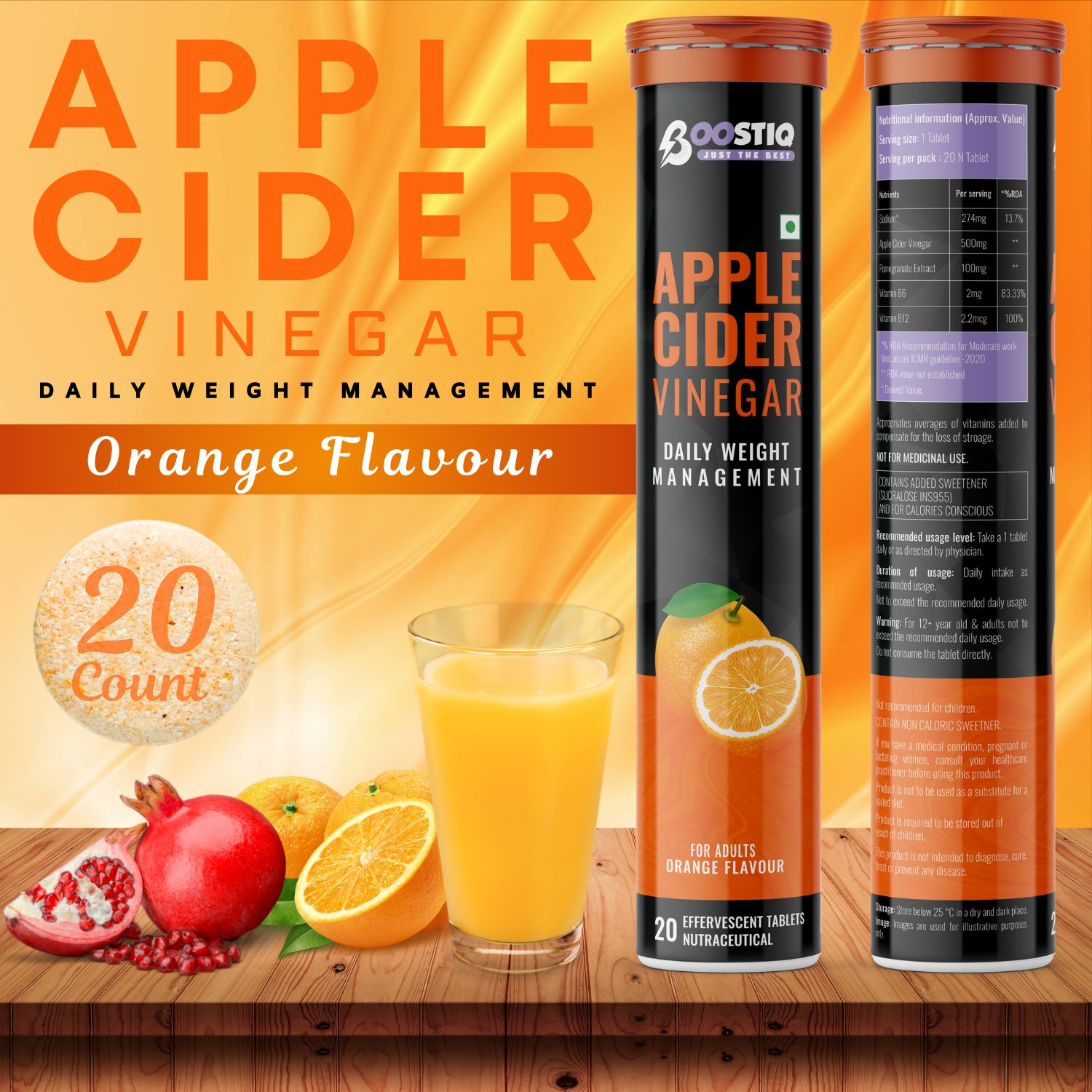 BOOSTIQ Apple Cider Vinegar Effervescent Tablets - Orange Flavour