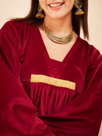 InWeave Women's Barn Red V Neck Asymmetrical Pleated Velvet Kurta Set