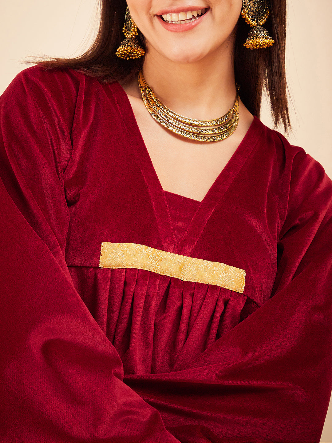 InWeave Women's Barn Red V Neck Asymmetrical Pleated Velvet Kurta Set