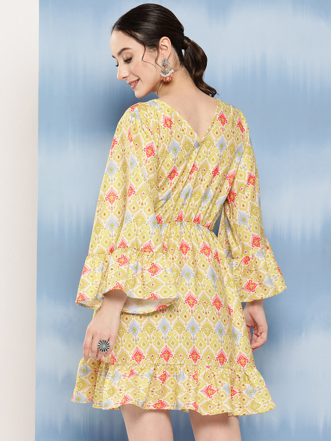 InWeave Women's Yellow Orange Ikkat Print Short Dress - Distacart