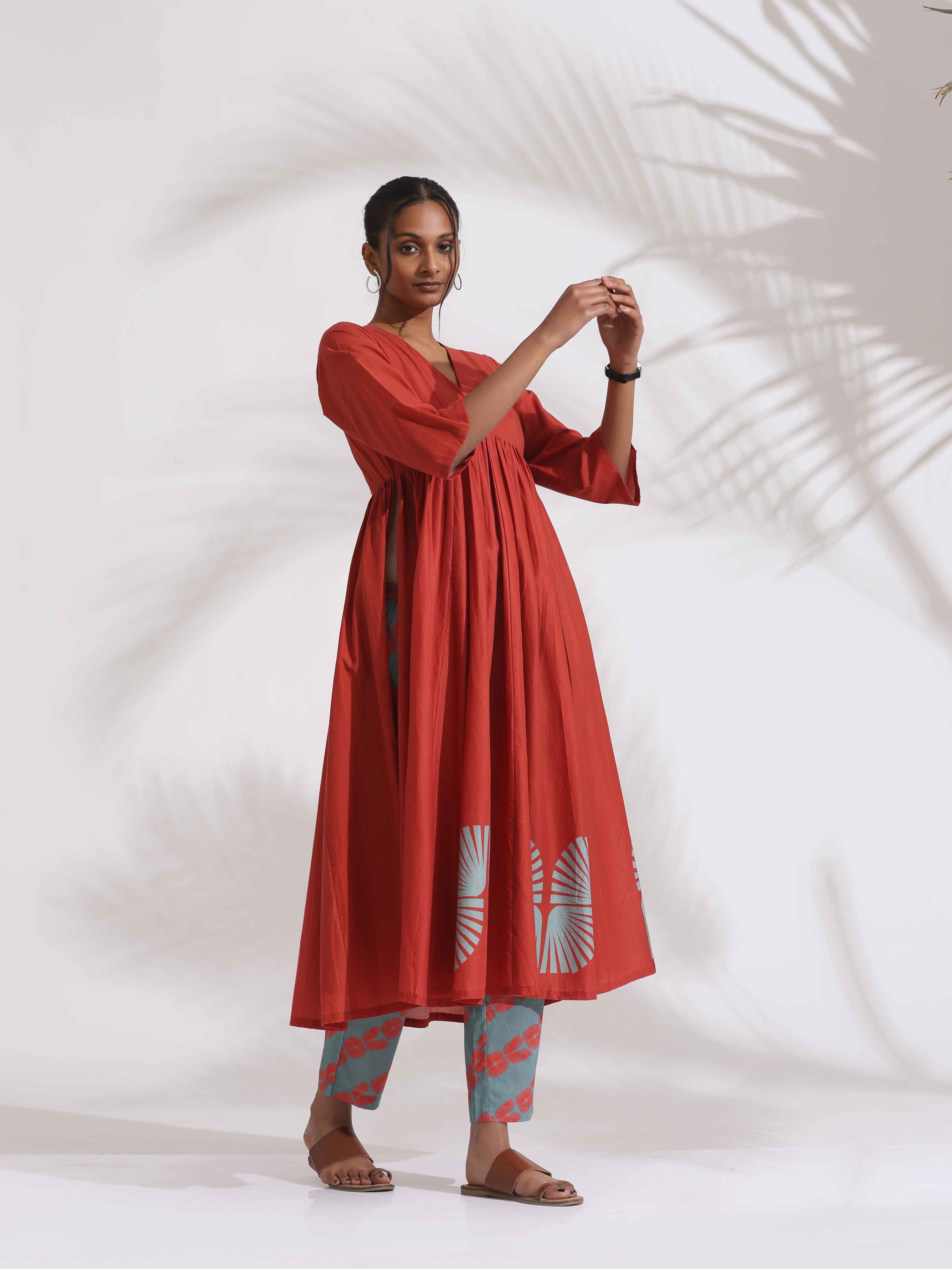 trueBrowns Red Cotton Print Flared Kurta Set - Distacart