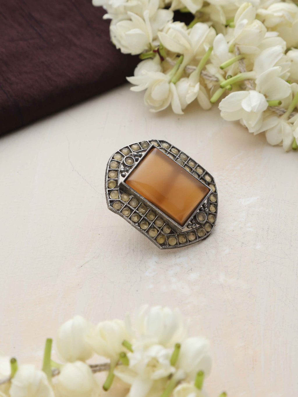 trueBrowns Silver Tone Yellow Stone Ring