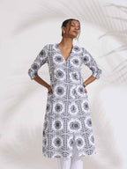 trueBrowns White Cotton Geometric Print Angrakha Kurta Set - Distacart