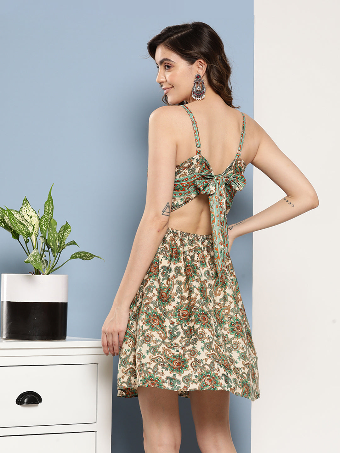 InWeave Women's Dark Green Floral Back Tie Up Detail Dress - Distacart