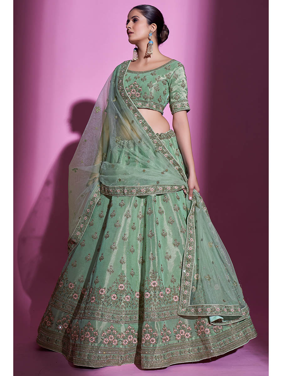 Myra Pista Green Gota Silk Embroidered Designer Lehenga Choli