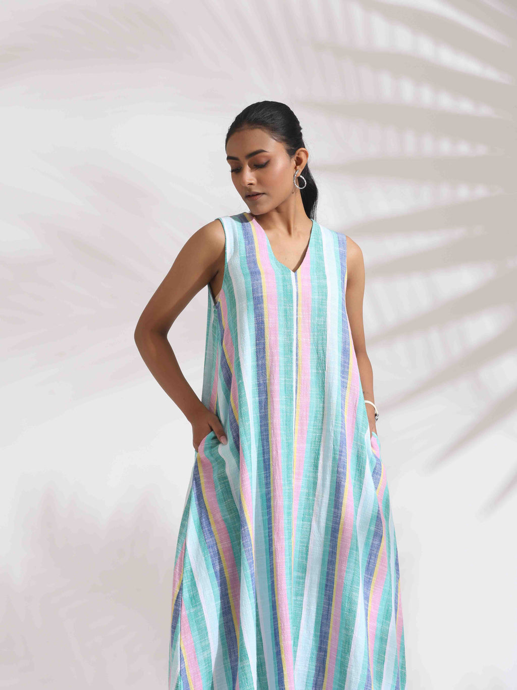 trueBrowns Green Cotton Multi Stripe Flared Dress - Distacart