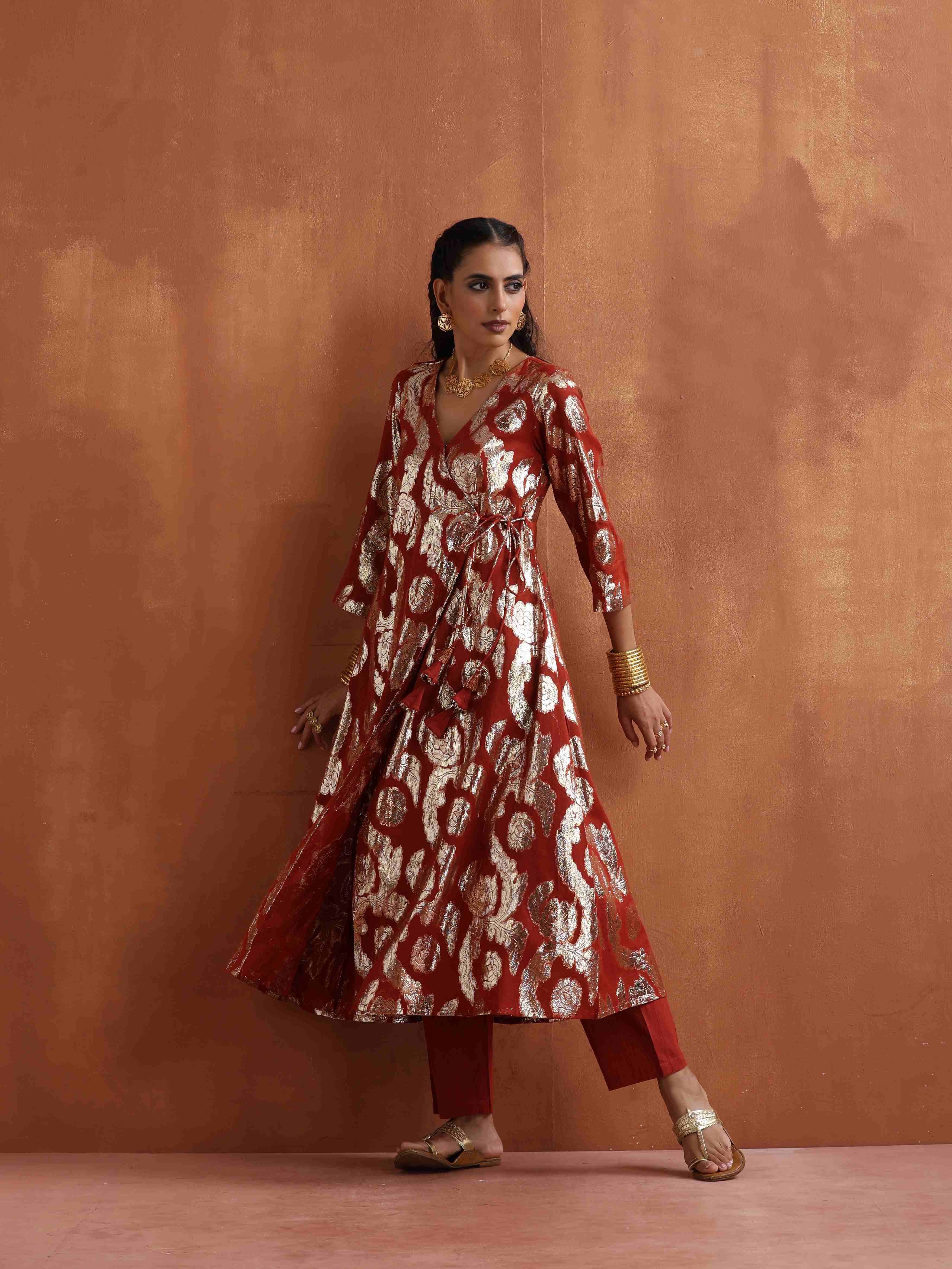 trueBrowns Rust Metallic Angrakha Kurta Set - Distacart