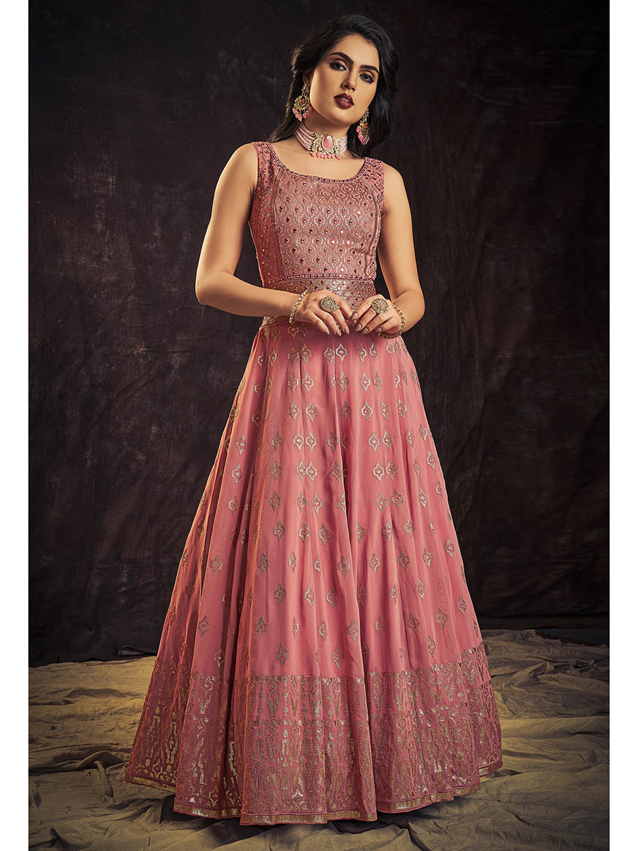 Myra Pink Real Georgette Designer Gown Style Suit - Distacart