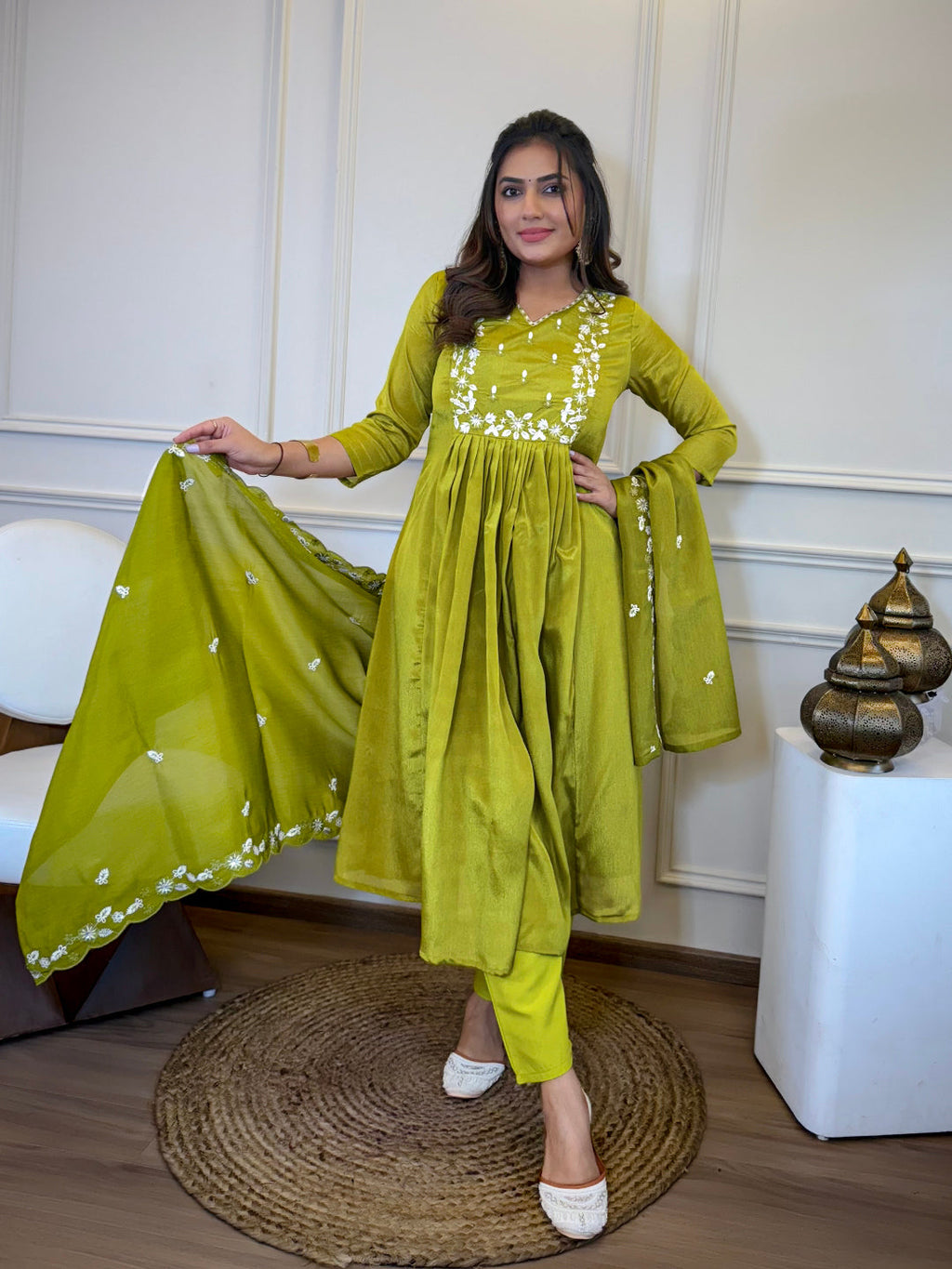 The52 Women's Gorgeous Chinon Embroidery Straight Kurta with Pant And Dupatta Set - Distacart