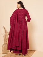 InWeave Women's Maroon Chikankari Long Anarkali Kurta Palazzo Set W Dupatta