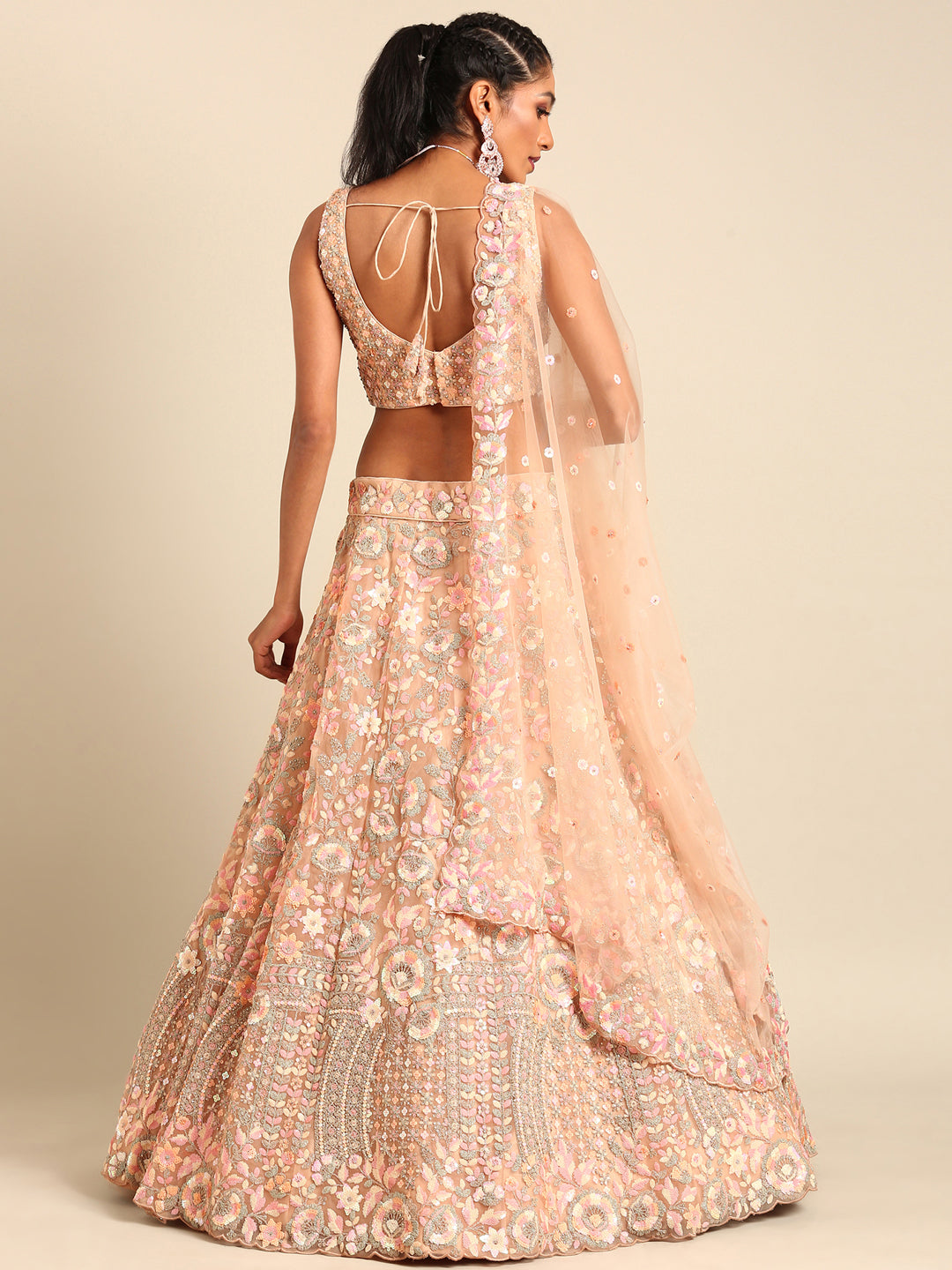 House of Panchhi Peach Net Multi Sequins with heavy Zarkan embroidery Lehenga choli & Dupatta