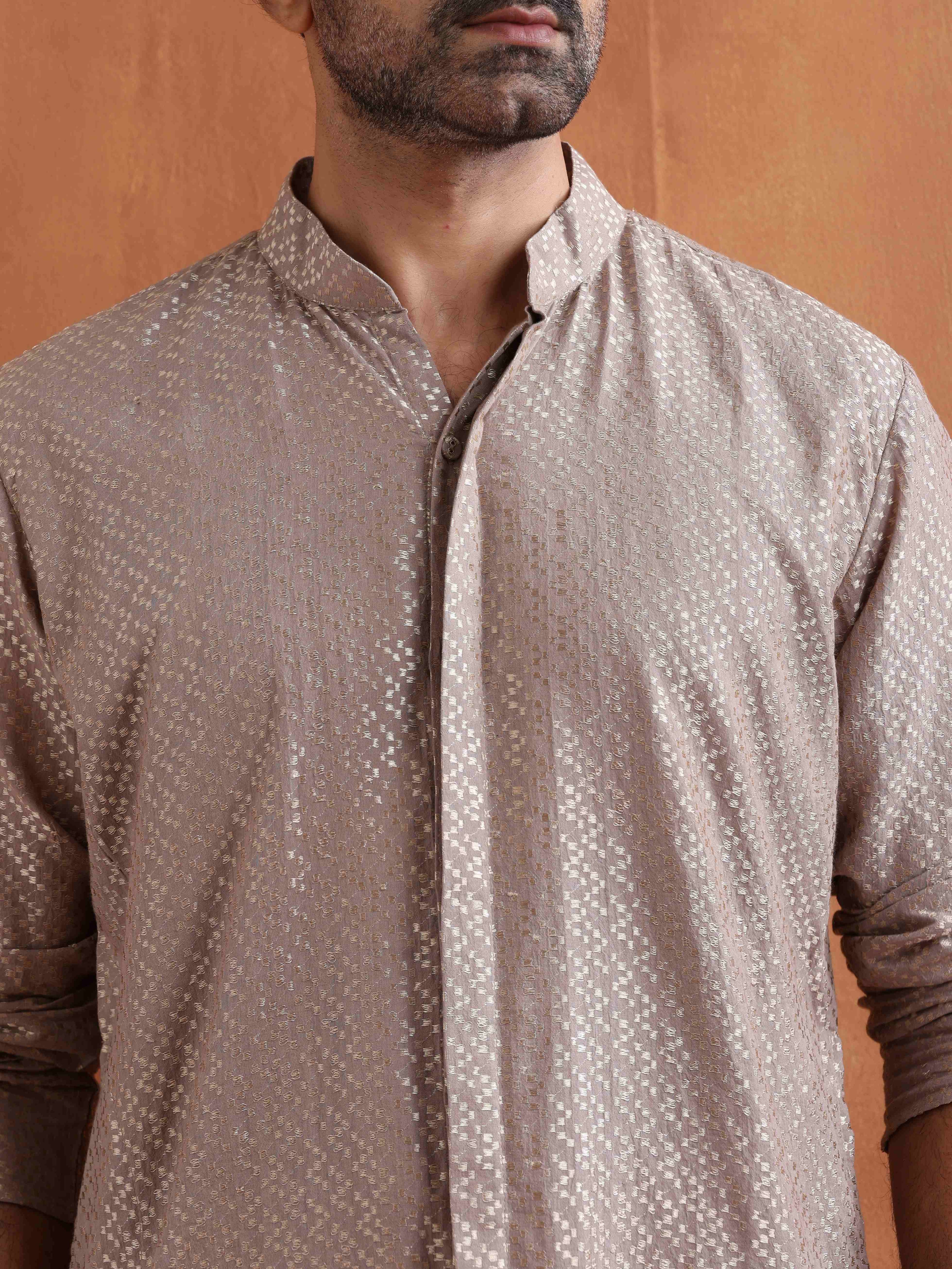 trueBrowns Men's Beige Cotton Dobby Kurta