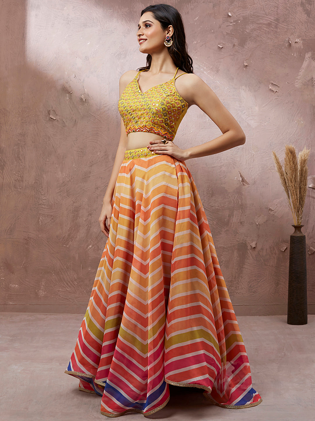 House of Panchhi Yellow Organza Leheriya Printed Lehenga Choli & Dupatta